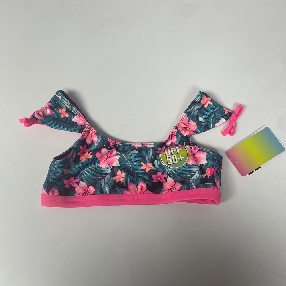 Hurley Girls Floral Bikini Swim Top Size M 10-12 Black Pink Tropical UPF 50+ NWT